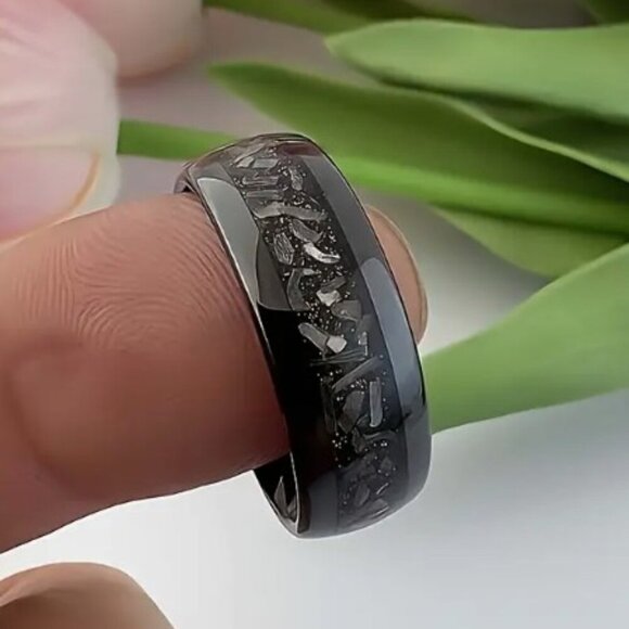 Men's 8mm Gunmetal Black Tungsten Ring with Synthetic Meteorite Inlay Modern - Picture 3 of 7